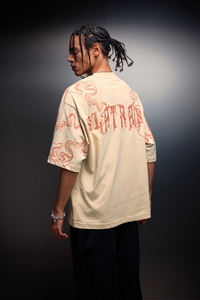 Erkek Bej Slatraism Kabartma Baskılı Oversize Tshirt