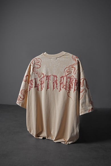 Erkek Bej Slatraism Kabartma Baskılı Oversize Tshirt