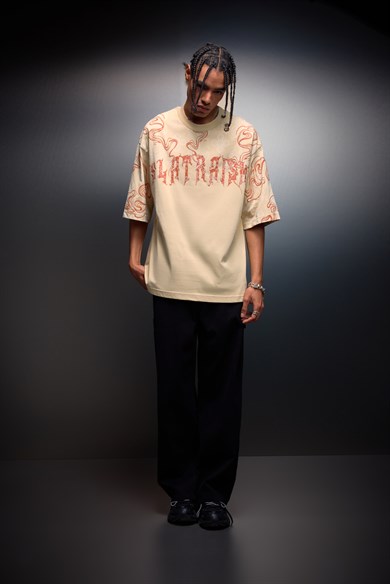 Erkek Bej Slatraism Kabartma Baskılı Oversize Tshirt
