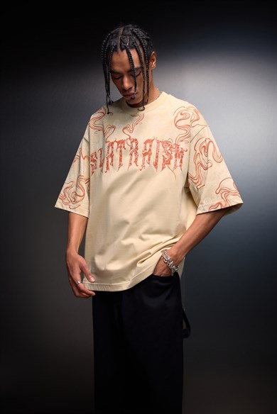 Erkek Bej Slatraism Kabartma Baskılı Oversize Tshirt