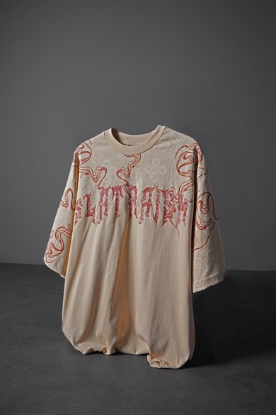 Erkek Bej Slatraism Kabartma Baskılı Oversize Tshirt