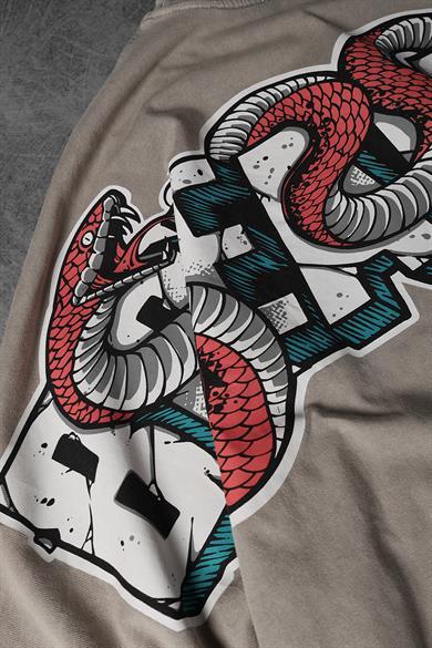Erkek Bej Snake Baskı Özel Yıkamalı Kumaş  Oversize Tshirt