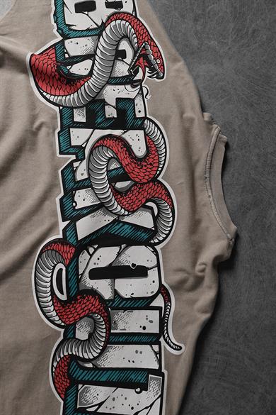 Erkek Bej Snake Baskı Özel Yıkamalı Kumaş  Oversize Tshirt