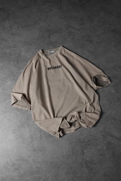 Erkek Bej Snake Baskı Özel Yıkamalı Kumaş  Oversize Tshirt