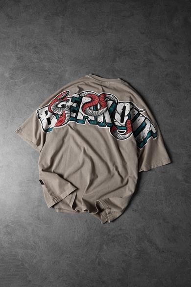 Erkek Bej Snake Baskı Özel Yıkamalı Kumaş  Oversize Tshirt