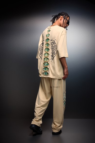 Erkek Bej Spine Efektli Baskılı Baggy Eşofman