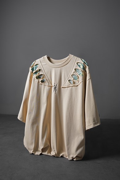 Erkek Bej Spine Efektli Baskılı Oversize Tshirt