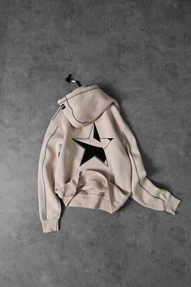 Erkek Bej Starry Night Nakışlı Kapüşonlu Oversize Sweatshirt