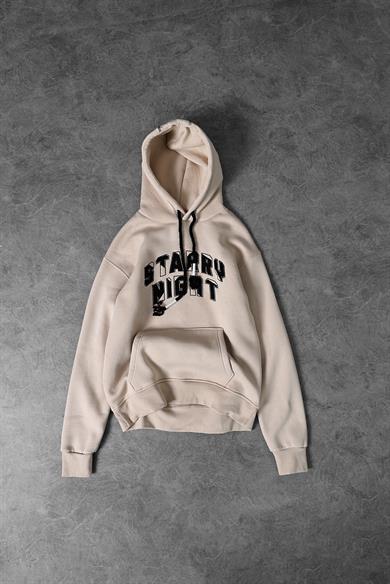 Erkek Bej Starry Night Nakışlı Kapüşonlu Oversize Sweatshirt