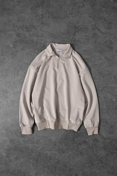 Erkek Bej Yarım Fermuar Diagonel Kumaş Oversize Sweatshirt