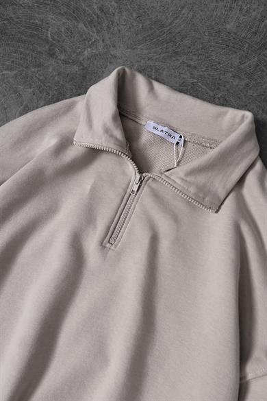 Erkek Bej Yarım Fermuar Diagonel Kumaş Oversize Sweatshirt