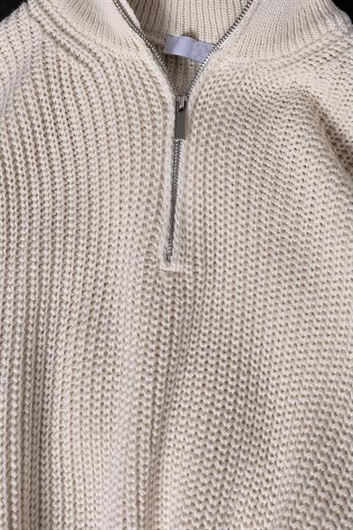 Erkek Bej Yarım Fermuar Oversize Örme Kazak