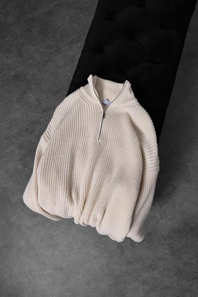 Erkek Bej Yarım Fermuar Oversize Örme Kazak