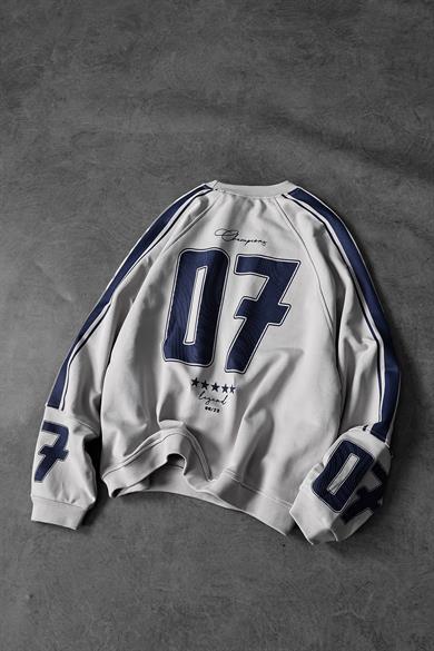 Erkek Gri 07 Champions Baskılı Oversize Sweatshirt