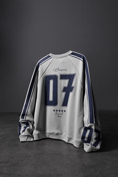 Erkek Gri 07 Champions Baskılı Oversize Sweatshirt