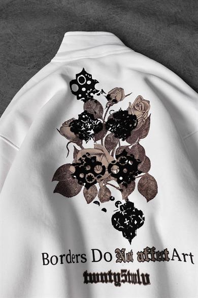 Erkek Beyaz Affect Flok Baskı Yarım Fermuar Oversize Sweatshirt