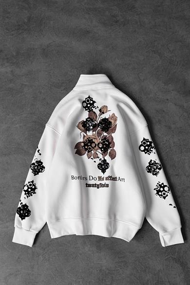Erkek Beyaz Affect Flok Baskı Yarım Fermuar Oversize Sweatshirt