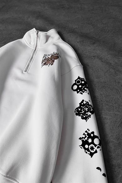 Erkek Beyaz Affect Flok Baskı Yarım Fermuar Oversize Sweatshirt