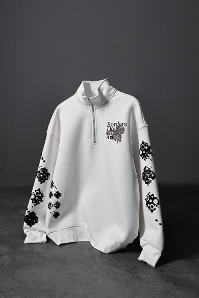 Erkek Beyaz Affect Flok Baskı Yarım Fermuar Oversize Sweatshirt