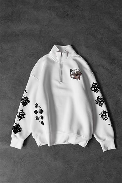 Erkek Beyaz Affect Flok Baskı Yarım Fermuar Oversize Sweatshirt