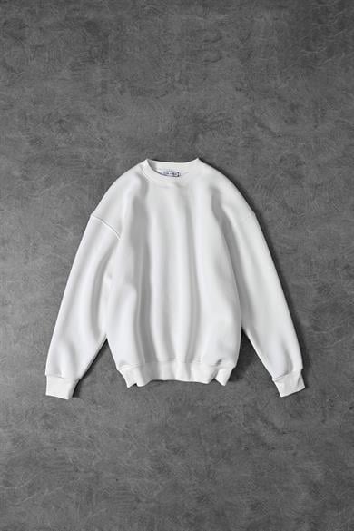 Erkek Beyaz Basic Bisiklet Yaka Oversize Sweatshirt