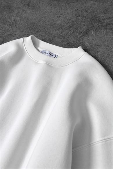 Erkek Beyaz Basic Bisiklet Yaka Oversize Sweatshirt