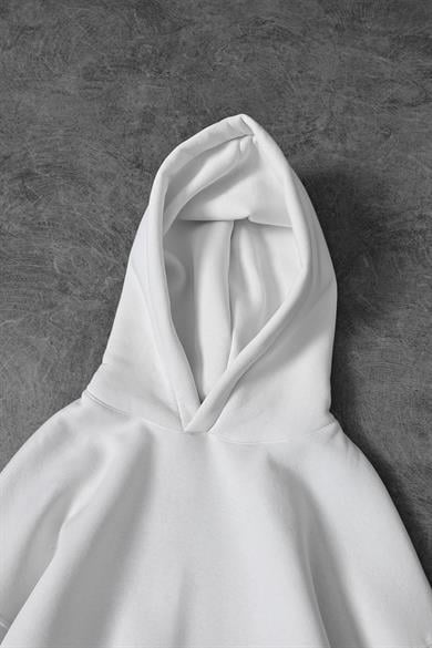 Erkek Beyaz Basic Kapüşonlu Oversize Sweatshirt