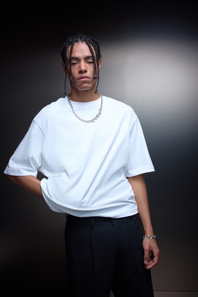 Erkek Beyaz Boxy Fit Basic Tshirt