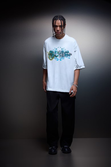 Erkek Beyaz Brutal Romaticism Baskılı Oversize Tshirt