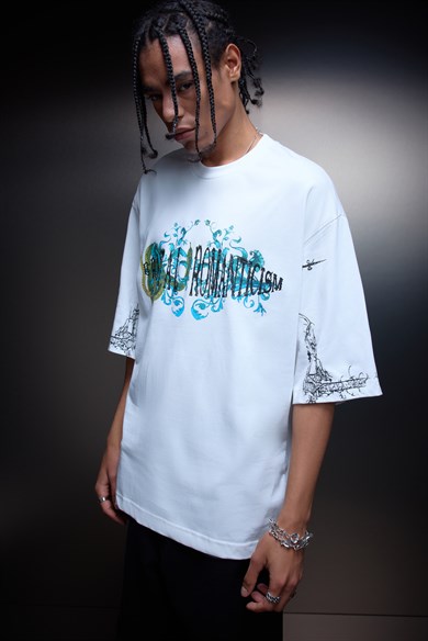 Erkek Beyaz Brutal Romaticism Baskılı Oversize Tshirt