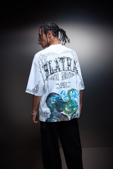 Erkek Beyaz Brutal Romaticism Baskılı Oversize Tshirt