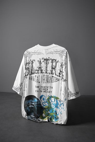 Erkek Beyaz Brutal Romaticism Baskılı Oversize Tshirt