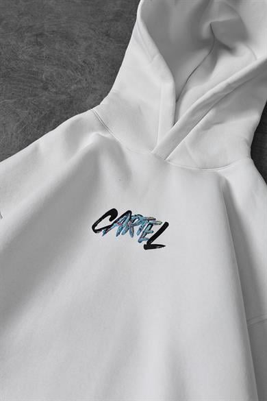 Erkek Beyaz Cartel Kabartma Baskılı Kapüşonlu Oversize Sweatshirt