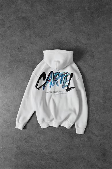 Erkek Beyaz Cartel Kabartma Baskılı Kapüşonlu Oversize Sweatshirt
