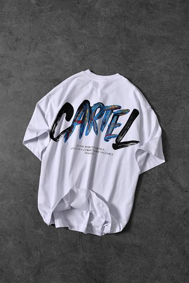 Erkek Beyaz Cartel Kabartma Baskılı Oversize Tshirt