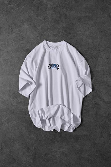 Erkek Beyaz Cartel Kabartma Baskılı Oversize Tshirt