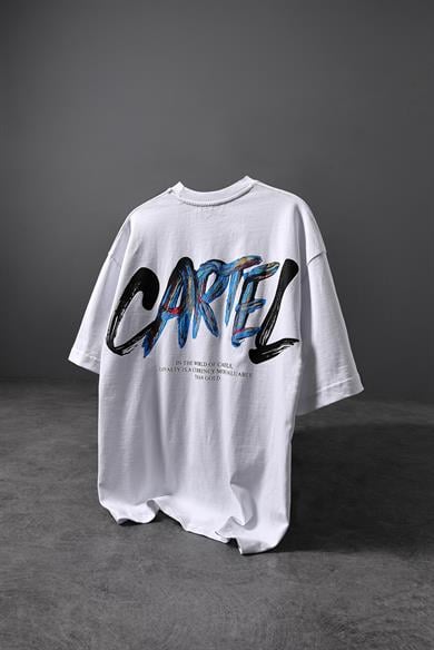 Erkek Beyaz Cartel Kabartma Baskılı Oversize Tshirt