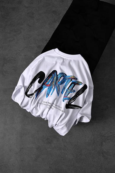 Erkek Beyaz Cartel Kabartma Baskılı Oversize Tshirt
