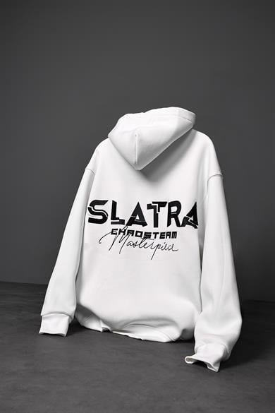 Erkek Beyaz Chaos Team Nakışlı Kapüşonlu Oversize Sweatshirt
