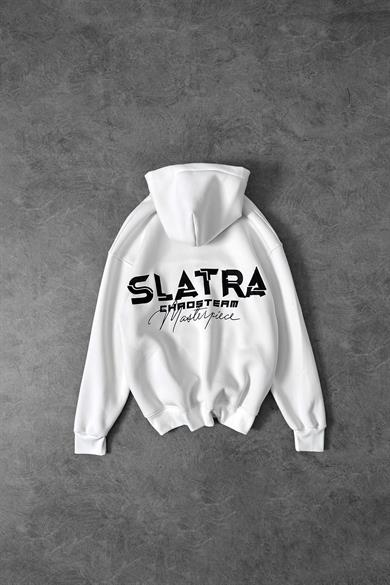 Erkek Beyaz Chaos Team Nakışlı Kapüşonlu Oversize Sweatshirt