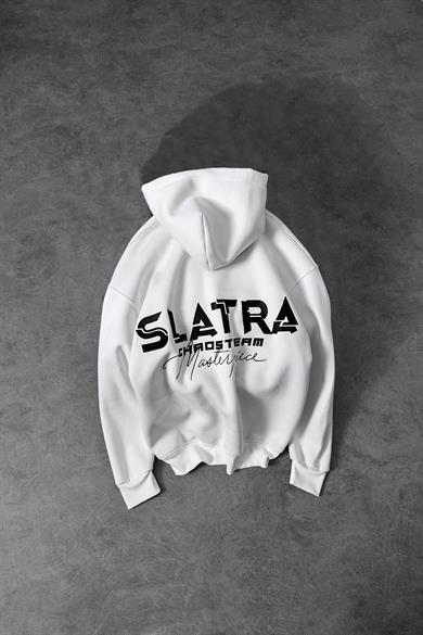Erkek Beyaz Chaos Team Nakışlı Kapüşonlu Oversize Sweatshirt