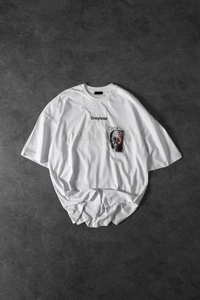 Erkek Beyaz Completed Nakış ve  Patch Ve  Baskılı Oversize Tshirt