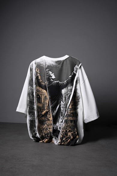 Erkek Beyaz Conductor Baskılı Parçalı Oversize Tshirt