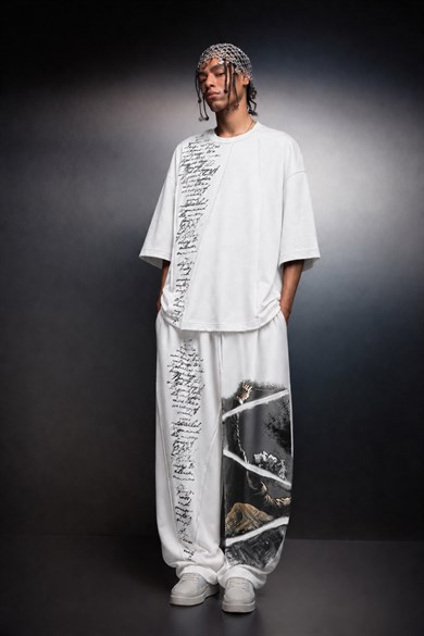 Erkek Beyaz Conductor Baskılı Parçalı Oversize Tshirt