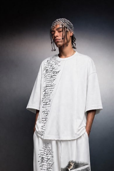 Erkek Beyaz Conductor Baskılı Parçalı Oversize Tshirt