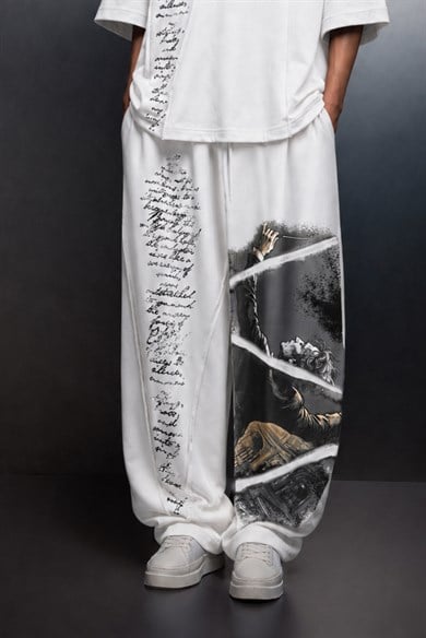 Erkek Beyaz Conductor Baskılı Parçalı Baggy Eşofman