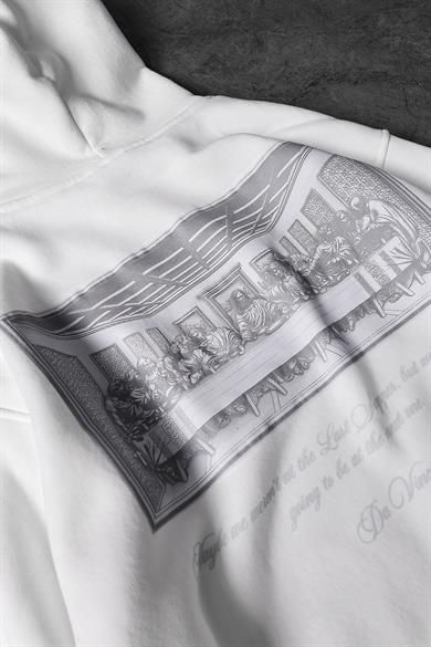 Erkek Beyaz Da Vinci Kabartma Baskılı Oversize Kapüşonlu Sweatshirt