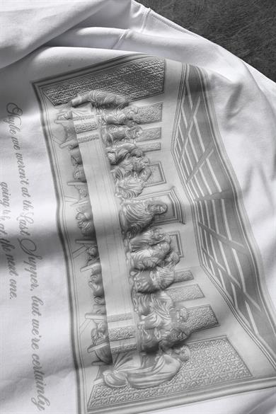 Erkek Beyaz Da Vinci Kabartma Baskılı Oversize Tshirt