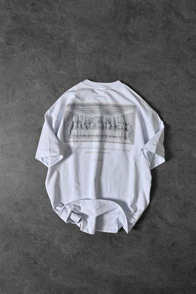 Erkek Beyaz Da Vinci Kabartma Baskılı Oversize Tshirt