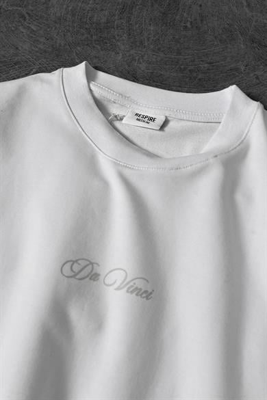 Erkek Beyaz Da Vinci Kabartma Baskılı Oversize Tshirt